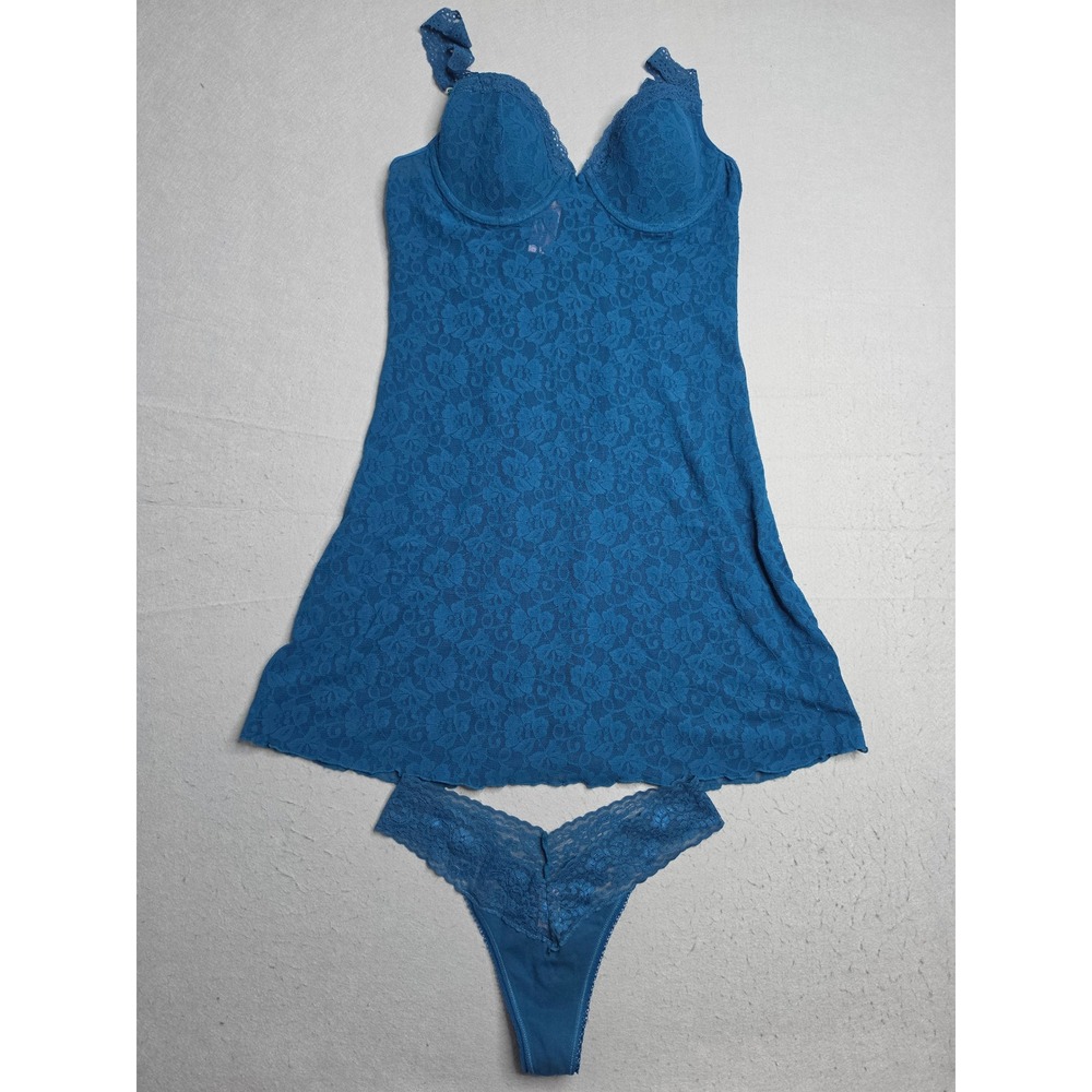 Secret Treasures 2-Piece Chemise Set Womens L Teal Sheer Floral Lace Sleepwear